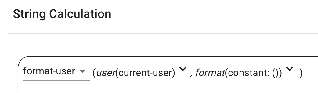 Mirata Forms feature showing String Calculation section with format-user and user functions.