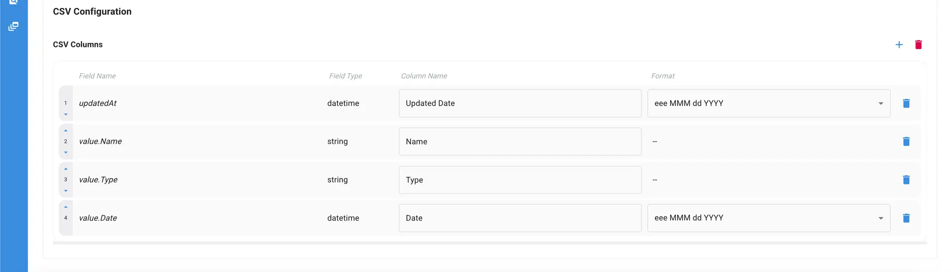 Mirata CSV Configuration page showing CSV Columns setup for data export.