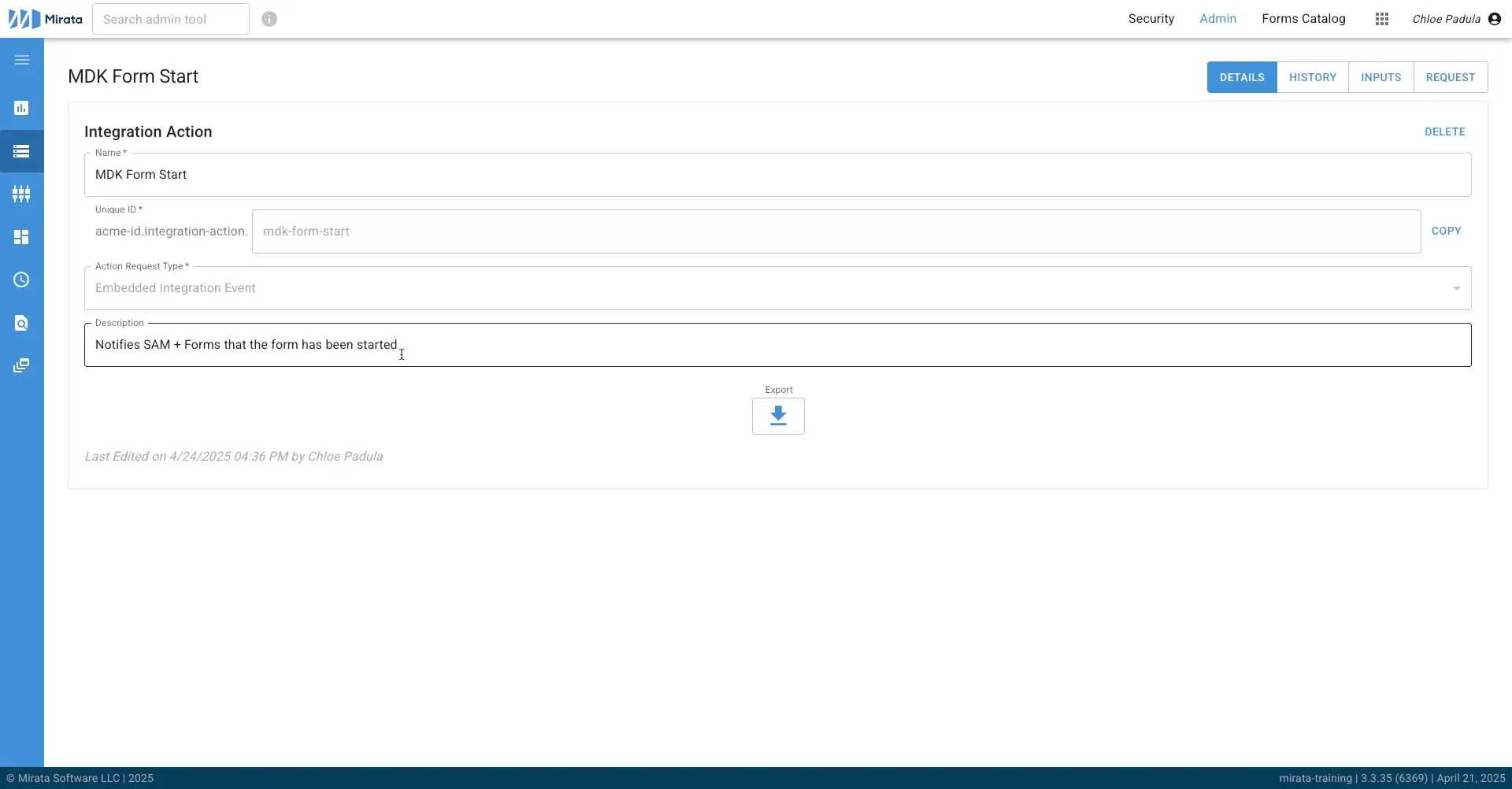 Mirata Admin Integration Action MDK Form Start Details