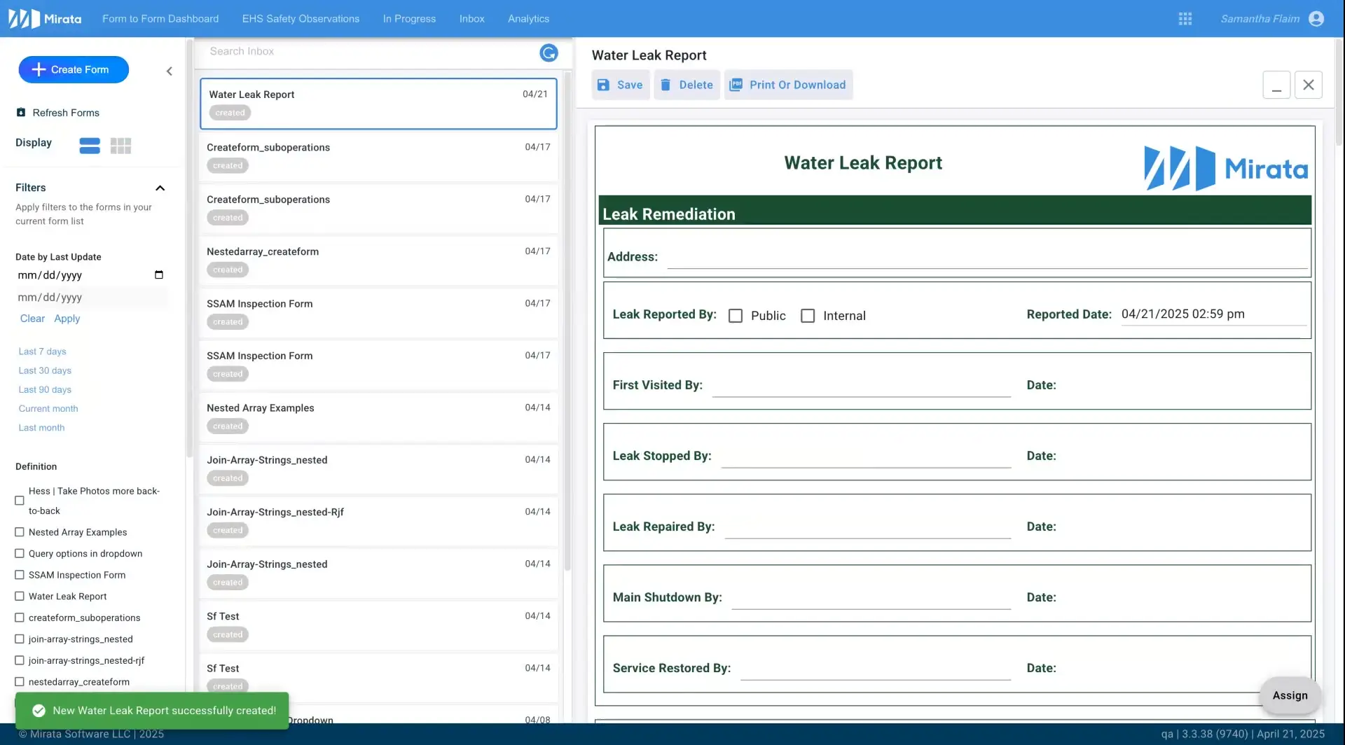 Mirata Forms interface showing Water Leak Report form creation