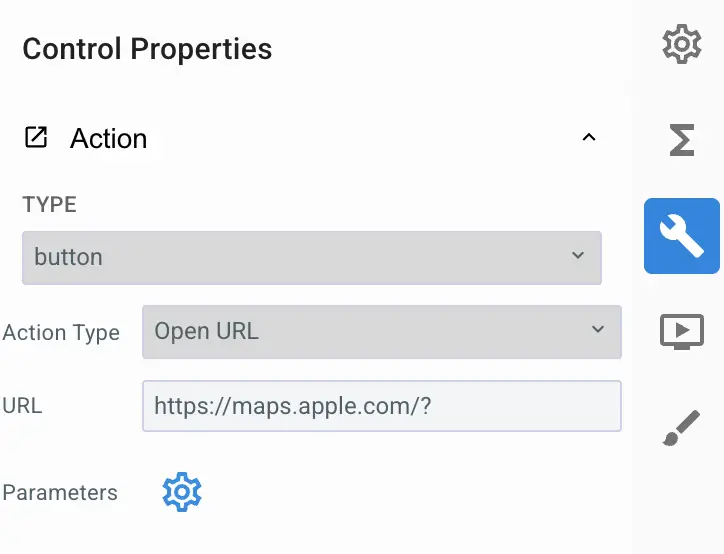 Mirata Control Properties panel for configuring a button to open Apple Maps URL
