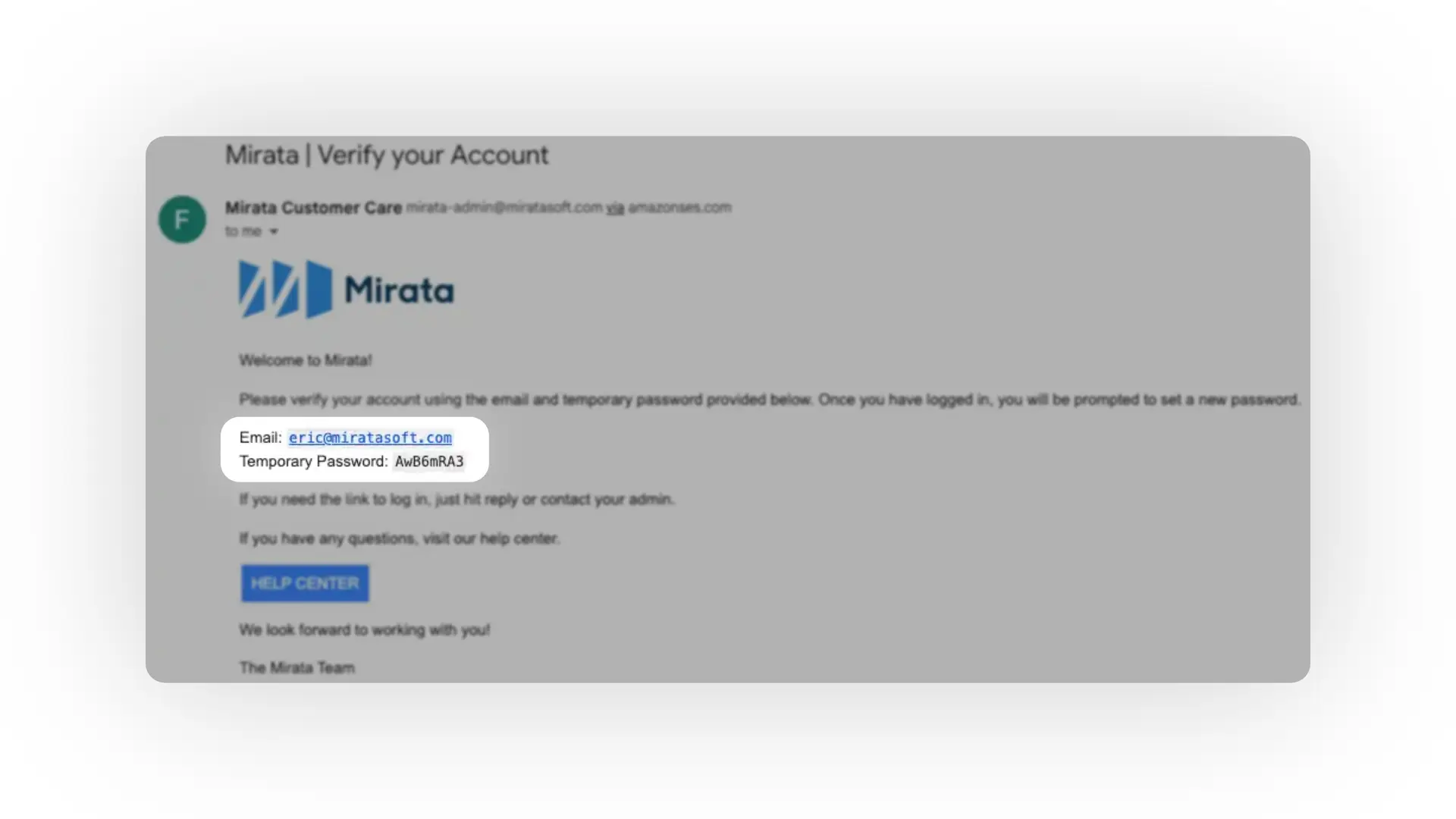 Mirata Verify your Account email with login instructions and Help Center button.