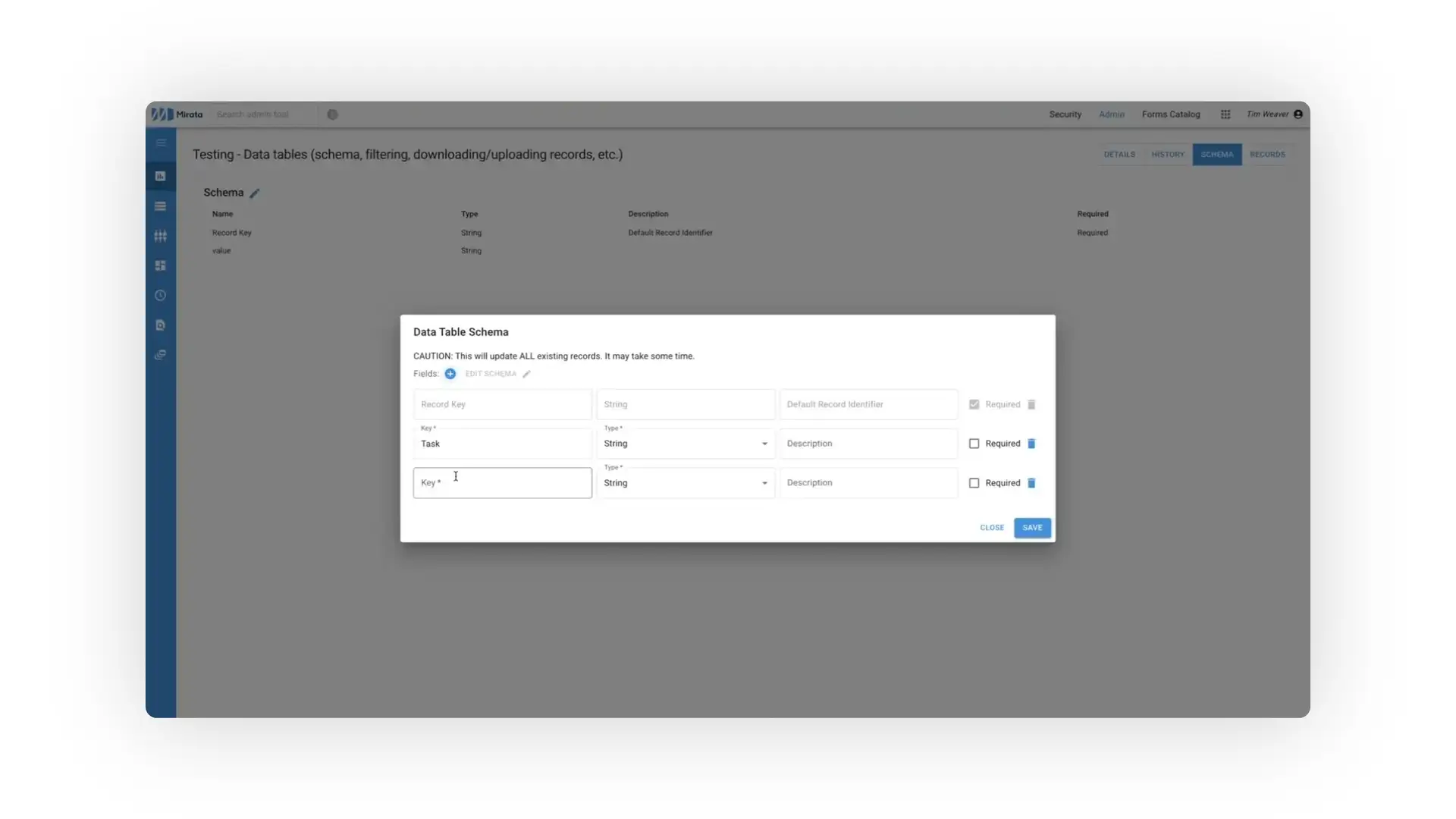 The user is editing the schema of a data table, adding and defining fields such as 'Key' and 'Task' with their respective data types and descriptions.