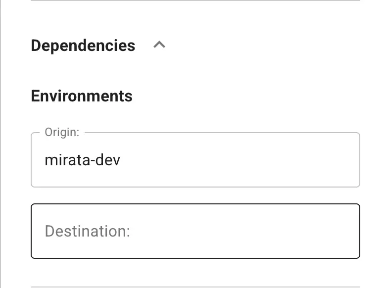 Mirata platform interface showing form migration between environments with origin and destination fields.