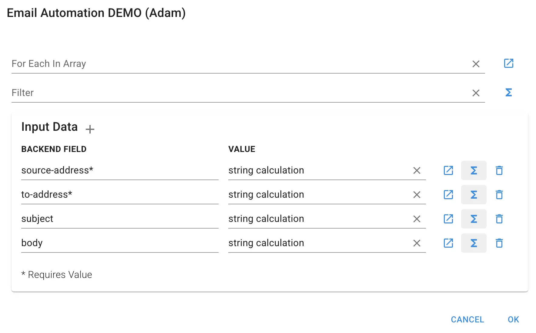 Mirata Email Automation DEMO interface showing workflow input data fields and options.