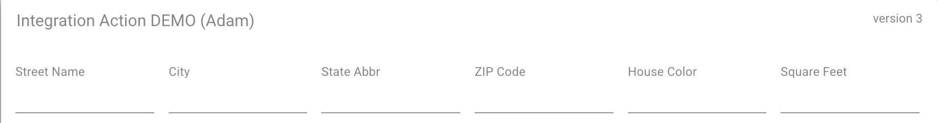 Mirata Integration Action DEMO workflow screen showing input fields for address and property details.