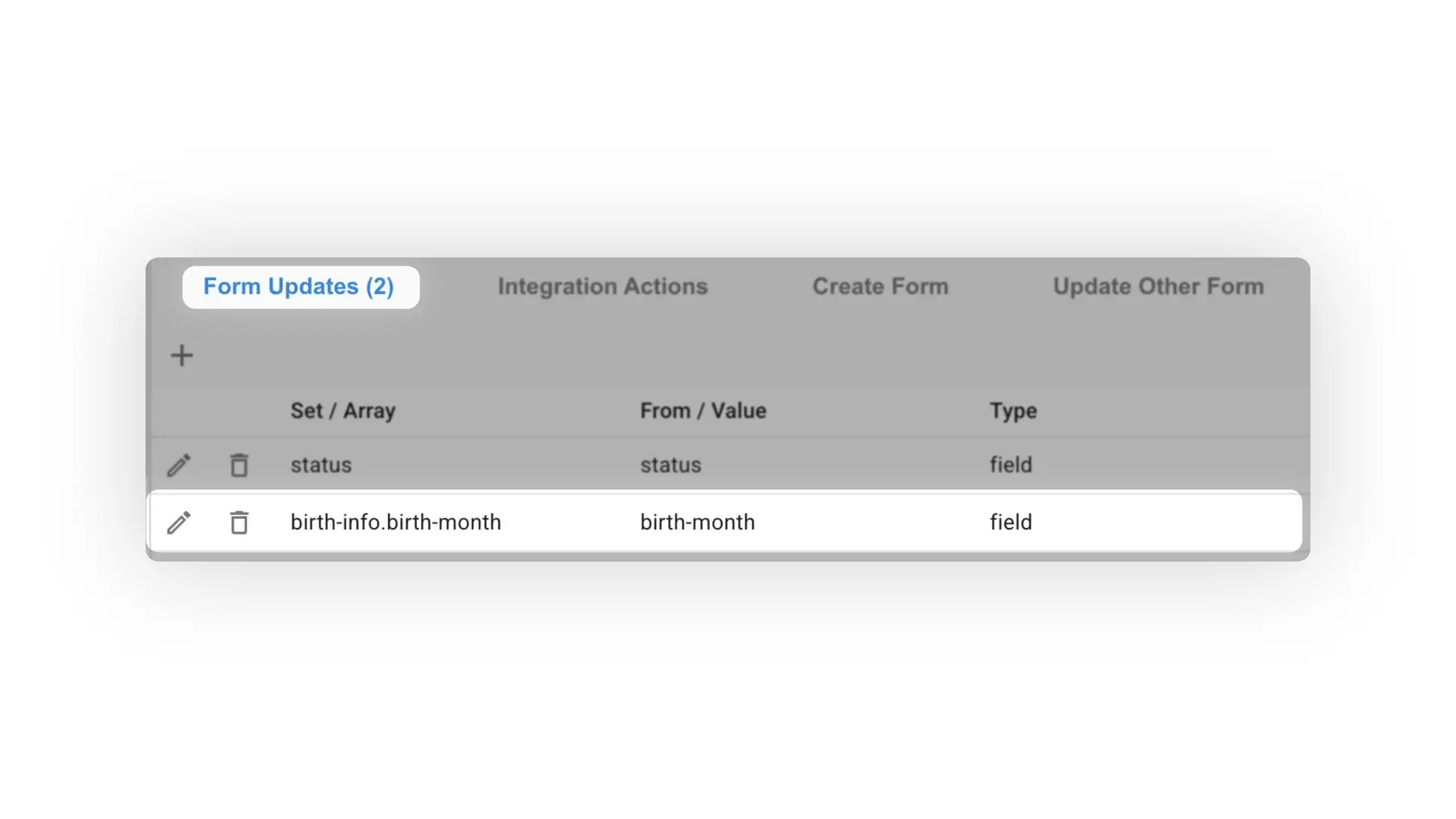 Mirata platform Form Updates section showing workflow updates with status and birth month fields.