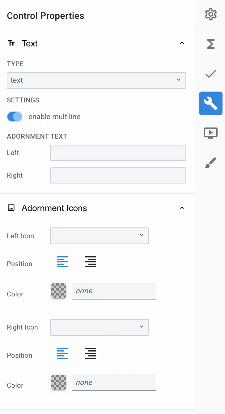 Mirata Control Properties panel for configuring multi-line text input with adornment options.