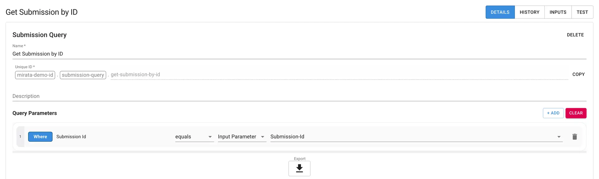 Mirata Dashboard - Get Submission by ID screen for querying submissions using specific ID.
