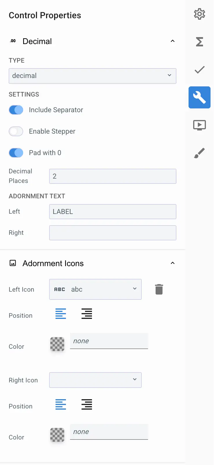 Mirata Control Properties panel for Decimal input configuration
