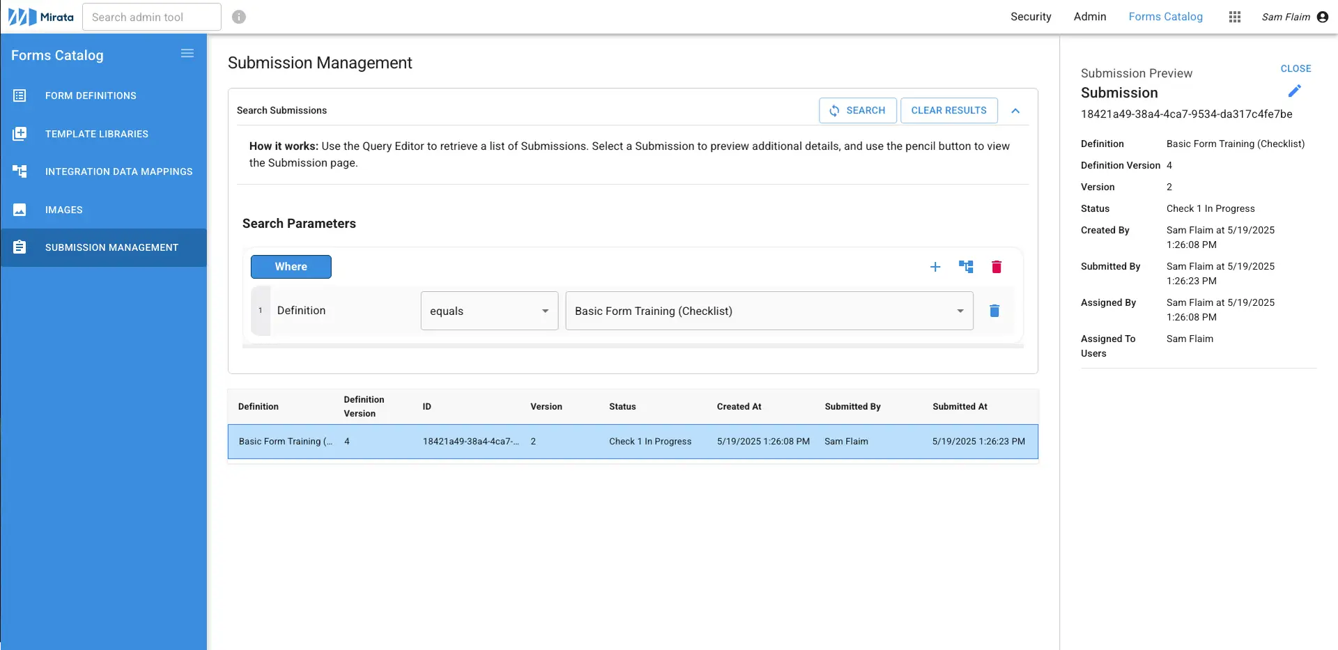 Mirata Submission Management page showing search parameters and submission details.