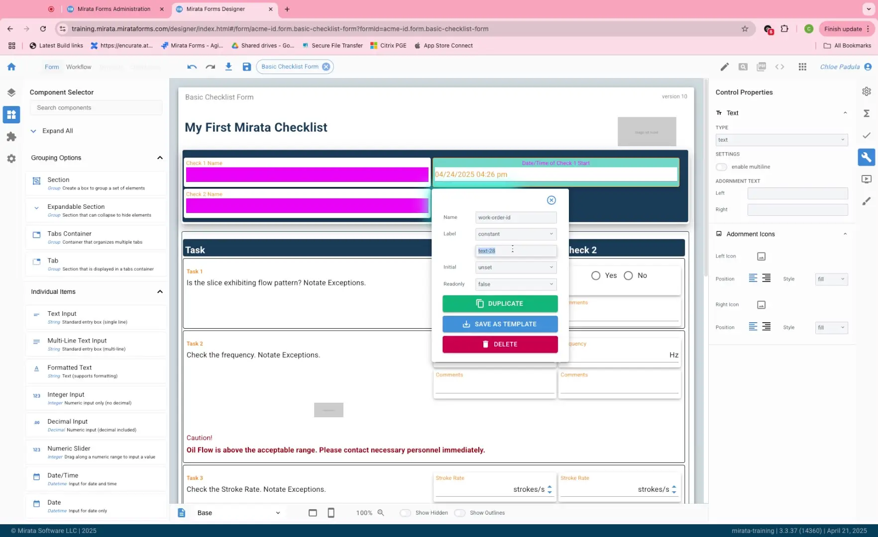 Mirata Forms Designer interface showing a checklist form with component selector and control properties.