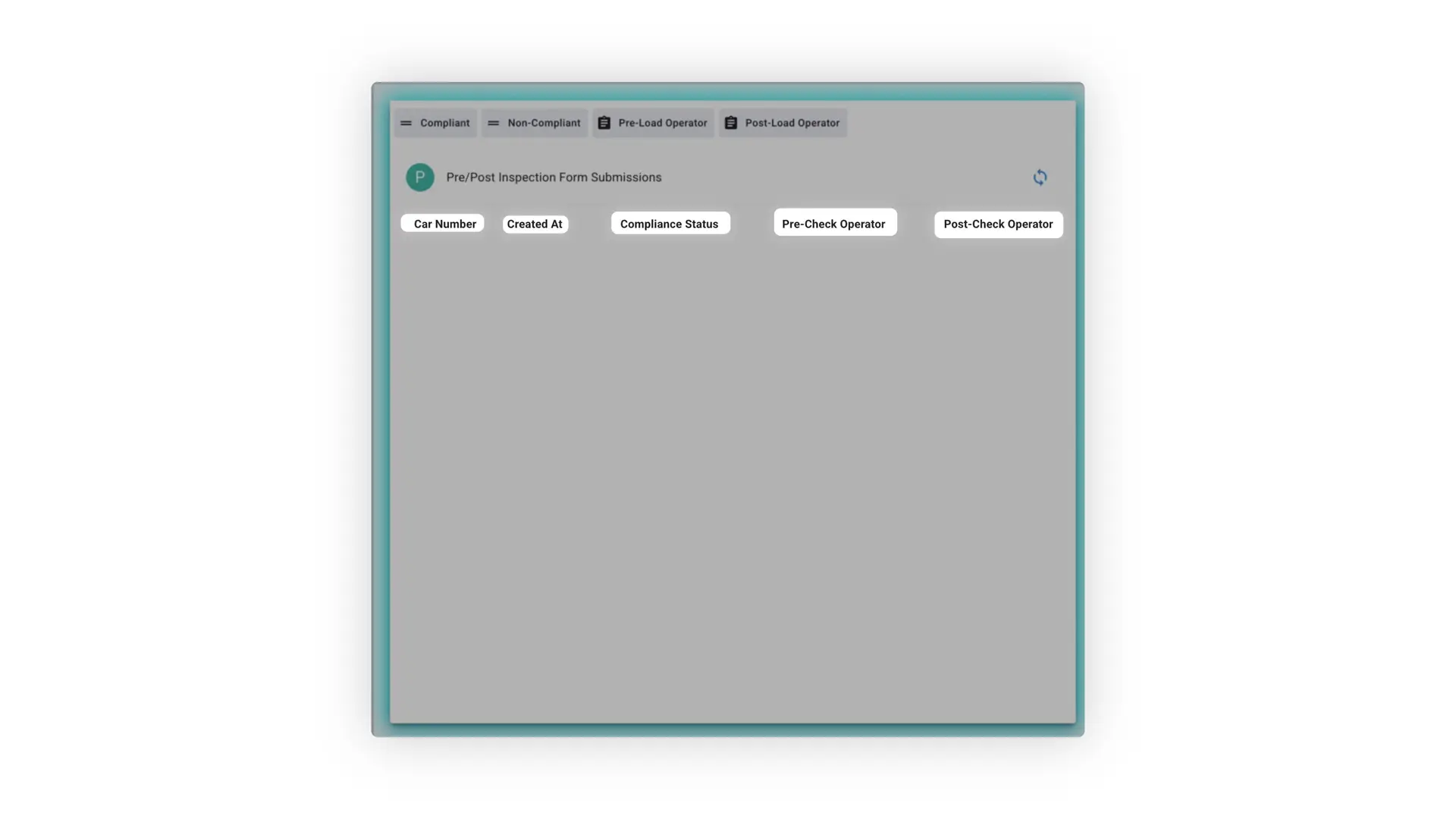 Mirata dashboard showing pre/post inspection form submissions with compliance and operator status indicators.