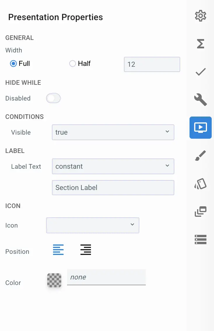 Mirata Presentation Properties panel for configuring digital form sections