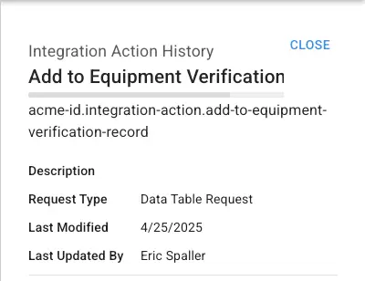 Mirata Workflows Change History Integration Action History panel