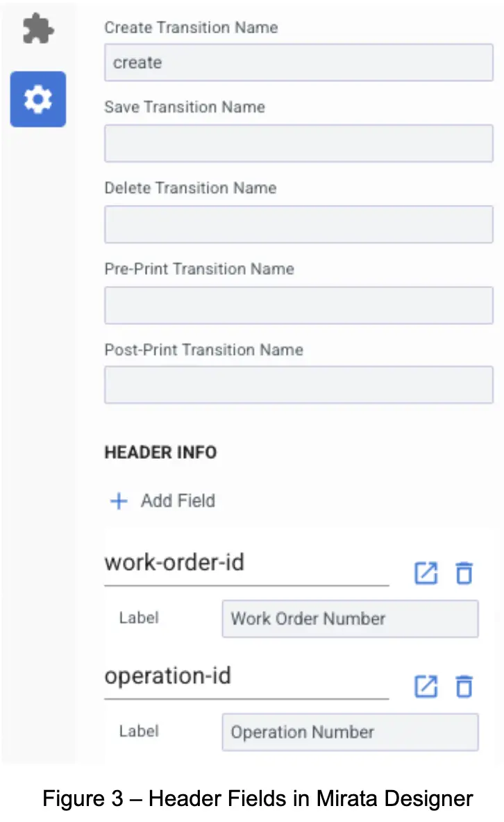 Mirata Designer interface showing transition name fields and header fields configuration.