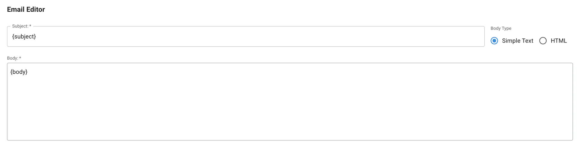 Mirata Email Editor interface for configuring email automation in workflows.
