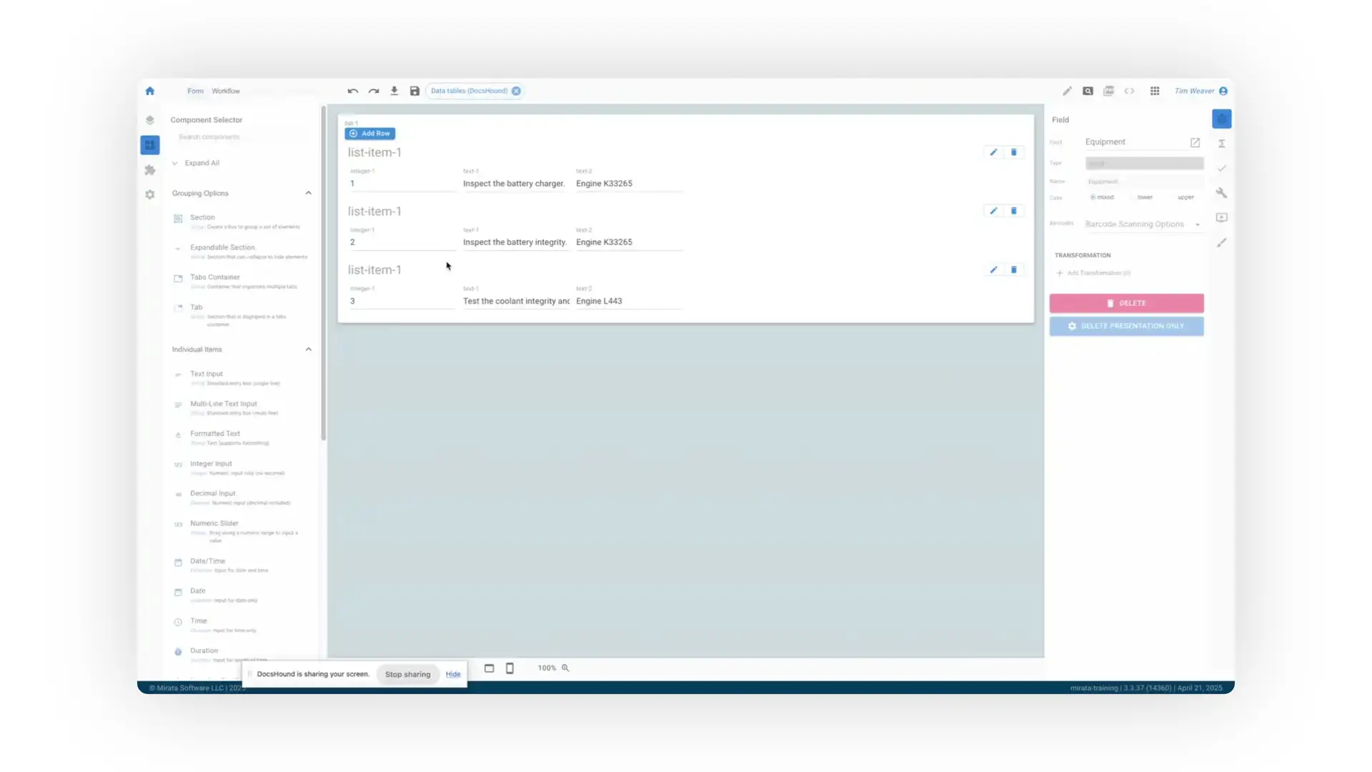 The user is designing a form in Mirata, specifically focusing on the 'list-item-1' section, which includes integer and text input fields. The user is configuring the form's fields and data structure.