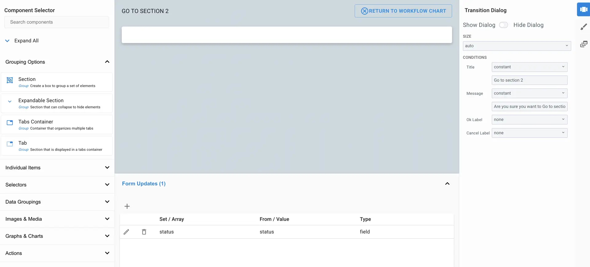 Mirata workflow dialog creation interface with component selector and transition dialog settings.