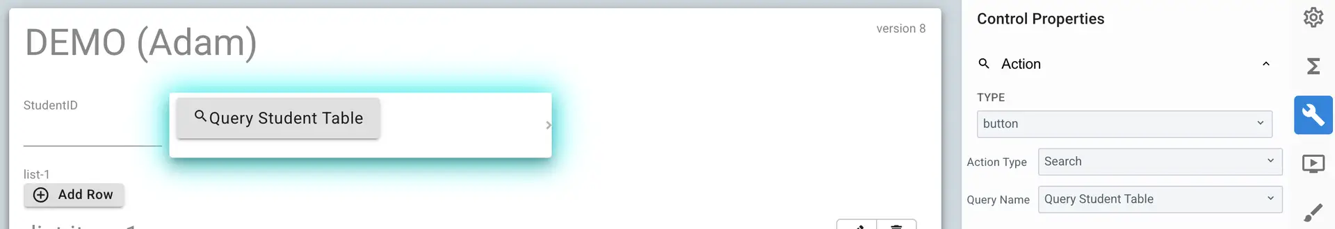 Mirata Forms interface showing action button configuration for querying student table.