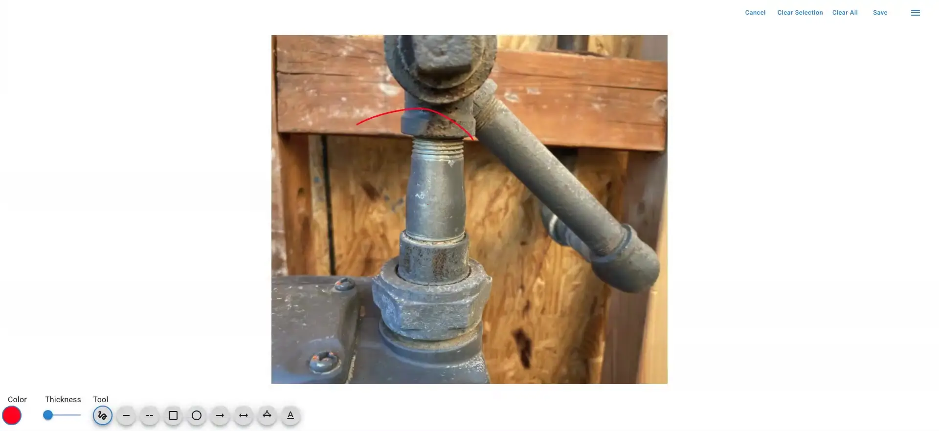 Mirata platform image editing interface with mechanical component photo and annotation tools.