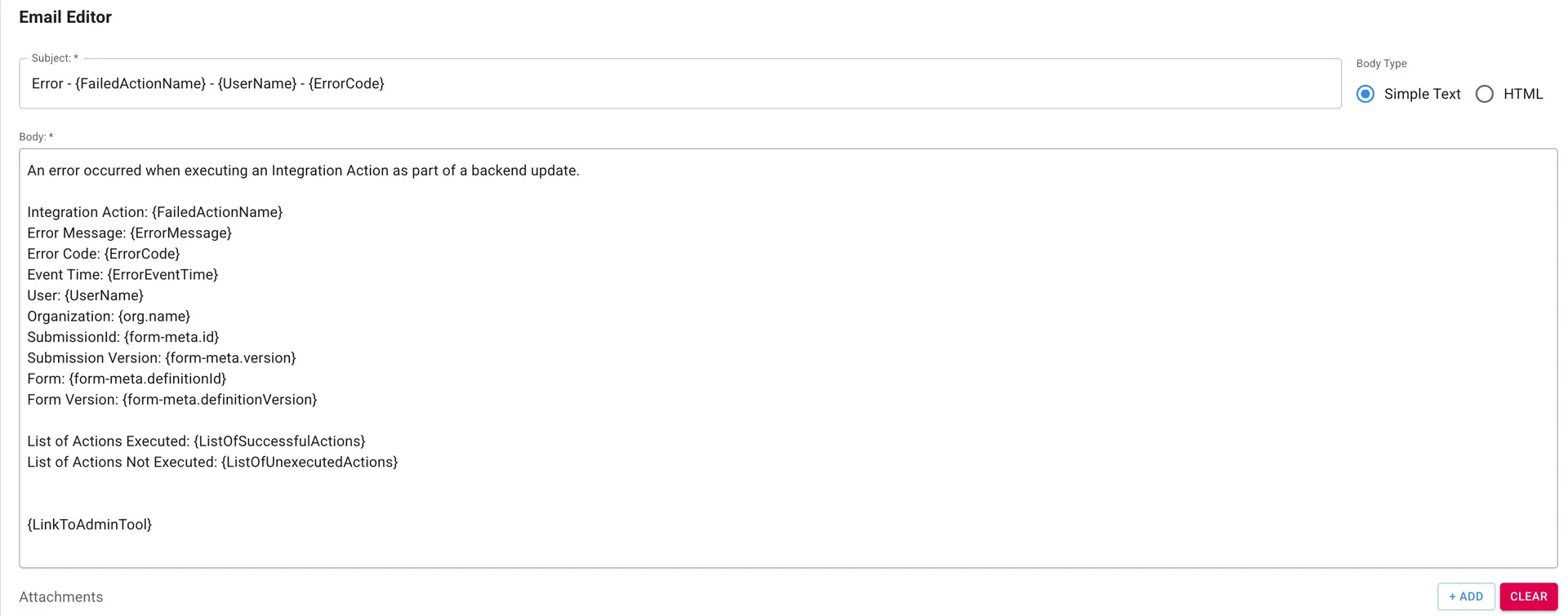 Mirata Email Editor interface for error handling in data management