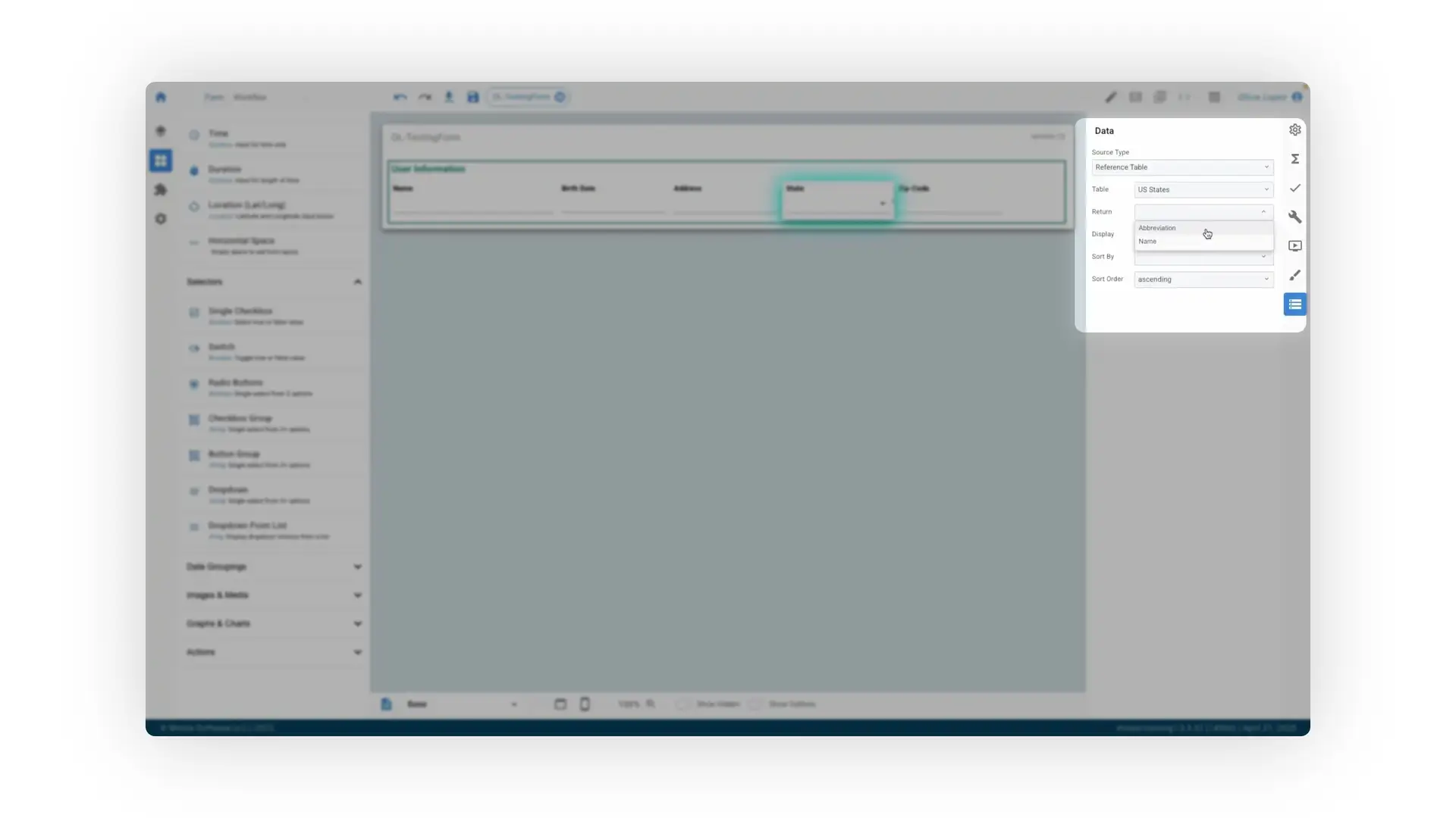 The user is configuring a form in Mirata, specifically focusing on the 'State' field. They are selecting 'Reference Table' as the source type and choosing 'US States' as the table, with the display set to 'Abbreviation'.