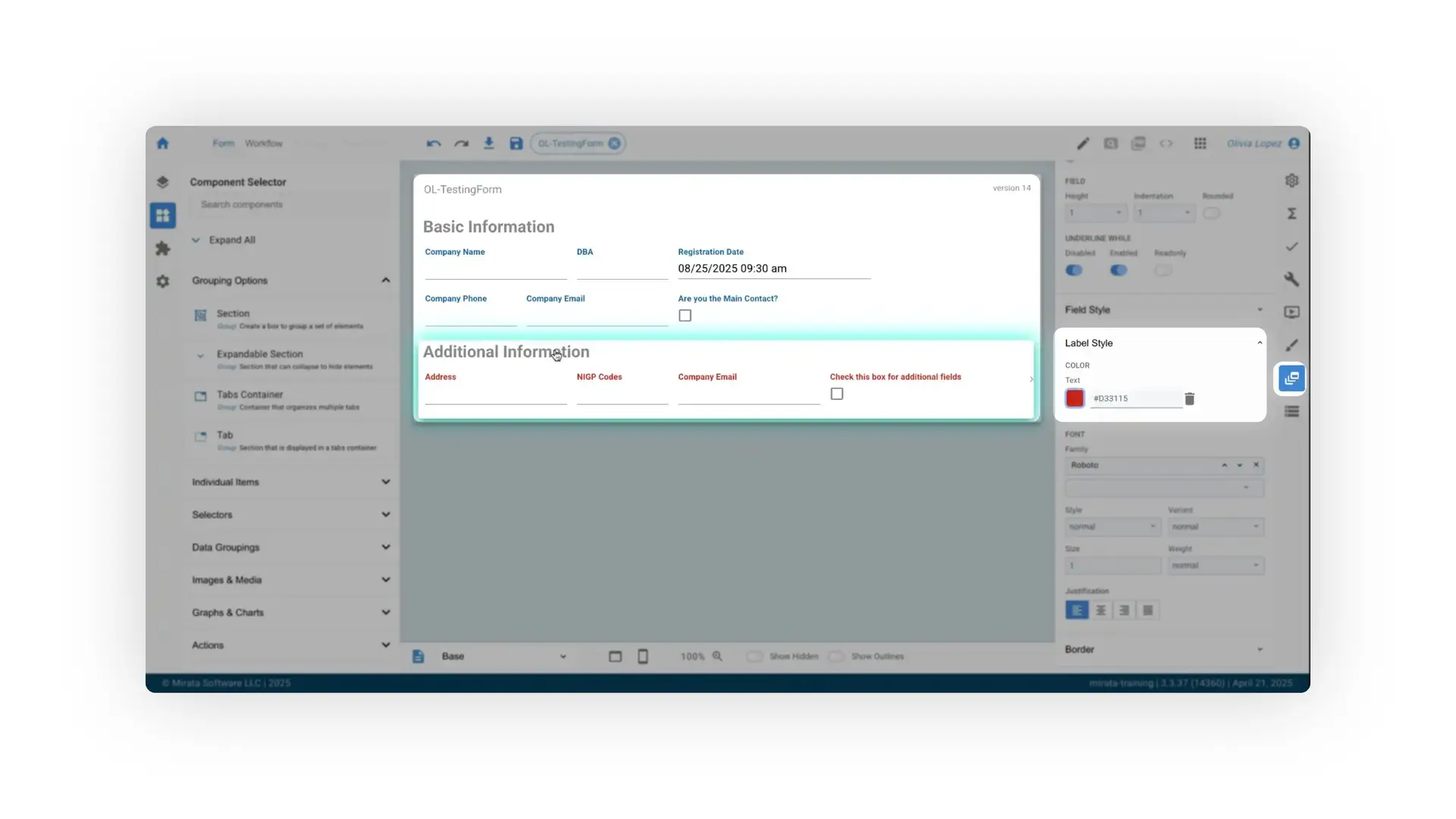 The user is modifying the label style of a form field within the Mirata platform, specifically changing the text color to red.