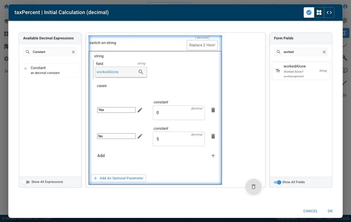 This screenshot shows the Mirata platform's workflow builder, where a user is configuring a 'switch-on-string' expression. They are defining conditions based on the 'workedAlone' field, assigning a decimal value of 0 if the condition is 'Yes' and 5 if it's 'No'.