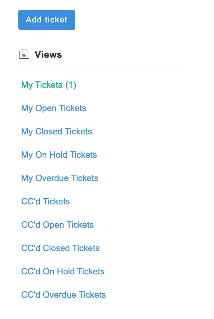 Mirata support ticket management interface with options to add a ticket and view different ticket categories.