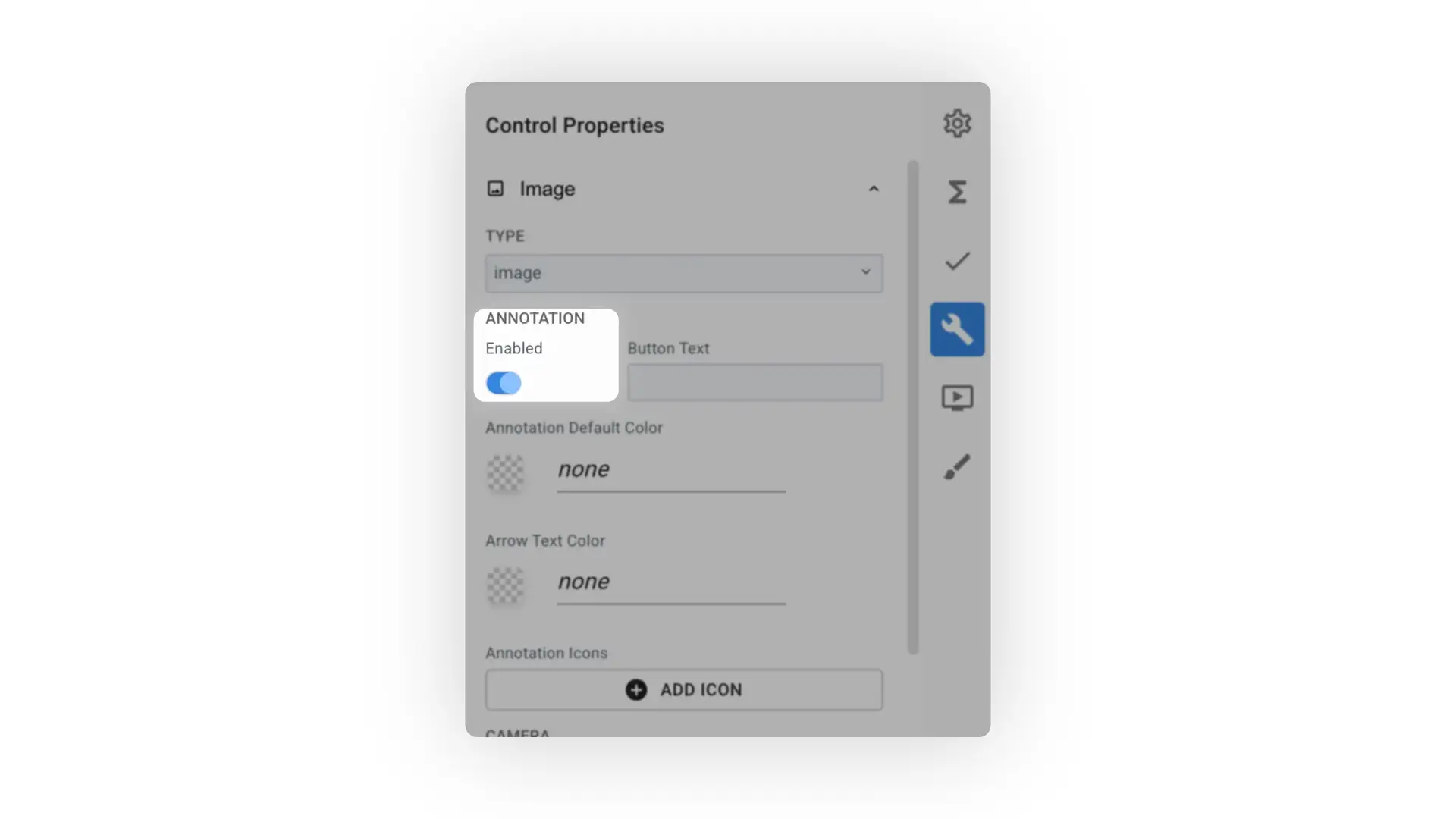 Mirata Control Properties panel for image annotations in forms
