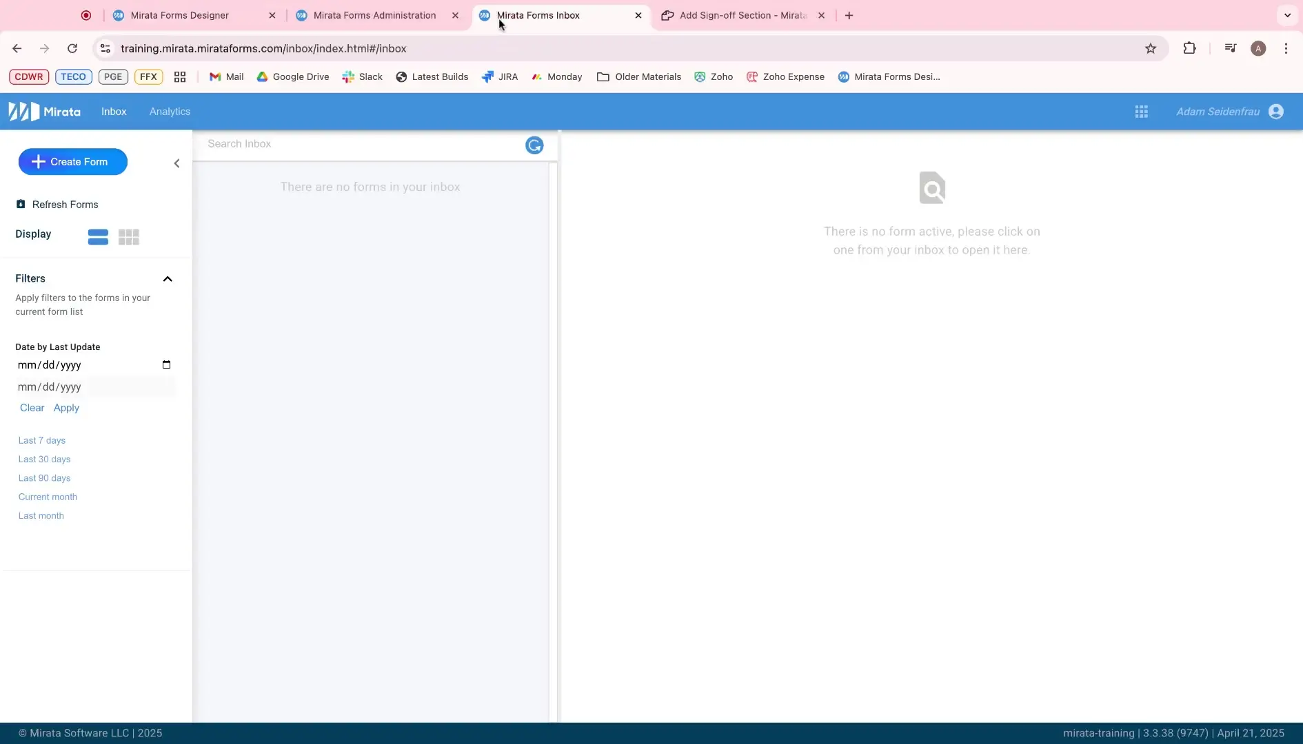Mirata Forms Inbox interface with options to create and filter forms.