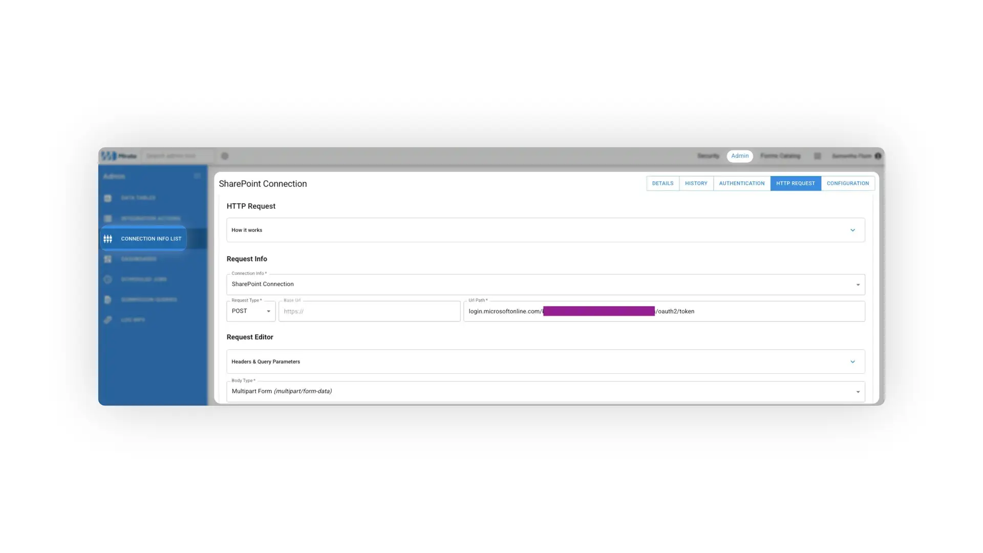 Mirata Admin SharePoint Connection HTTP Request configuration page