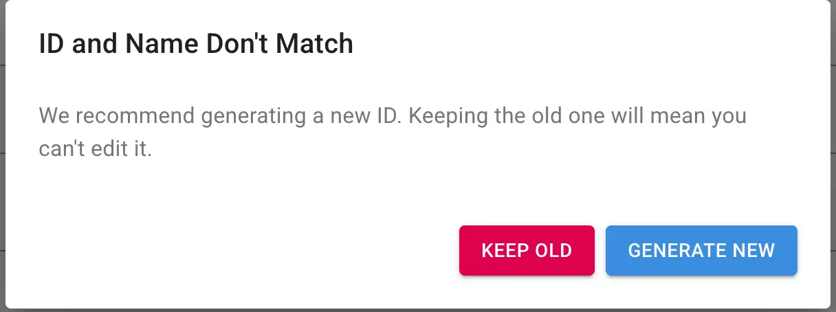 Mirata Security feature dialog box for ID and Name mismatch during form migration.