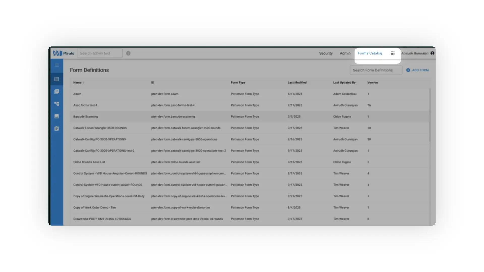 Mirata Forms Catalog - Form Definitions page
