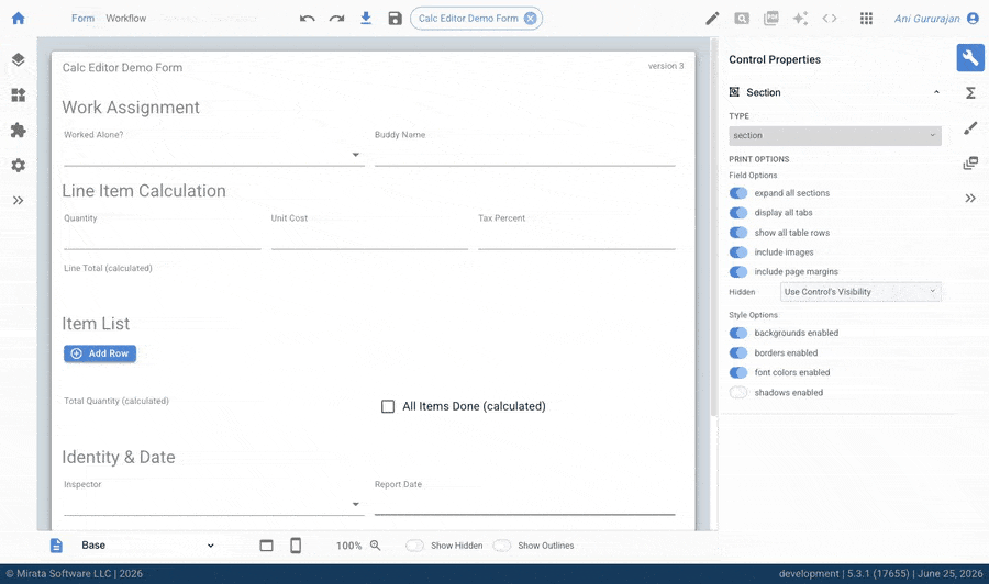 Mirata Calc Editor Demo Form with Control Properties panel