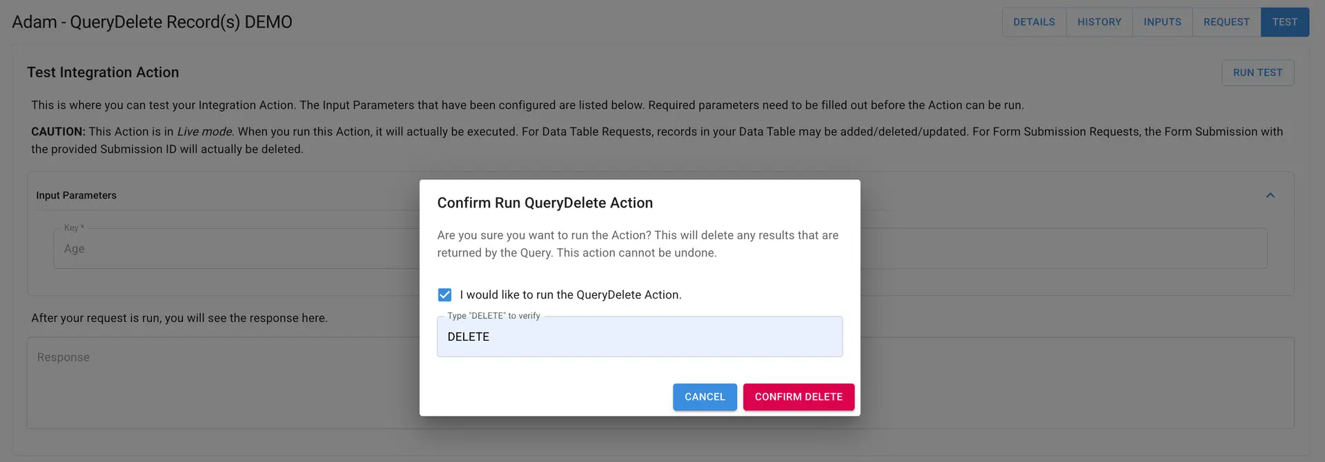 Mirata Data Management Test Integration Action screen with Confirm Run QueryDelete Action modal