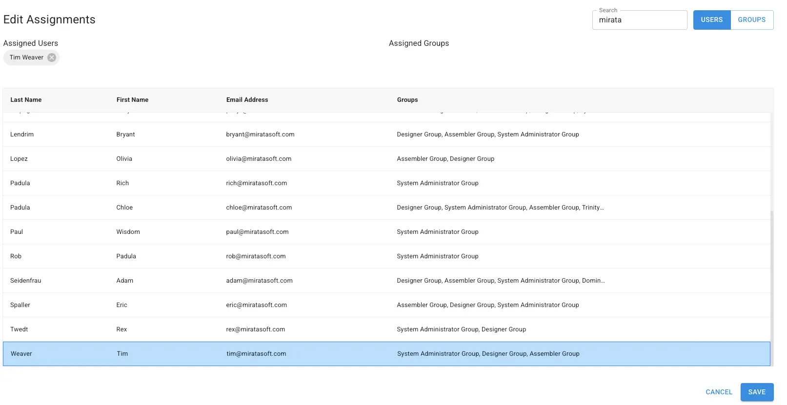 Mirata Edit Assignments screen showing user and group assignments.