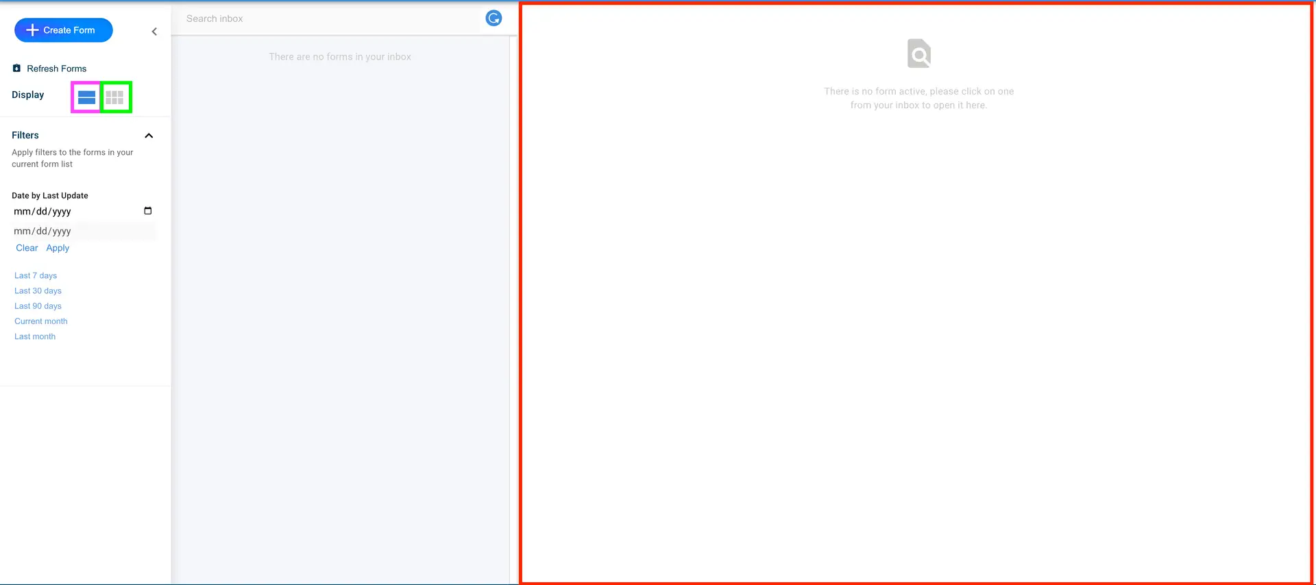 Mirata Forms Inbox - No active forms displayed
