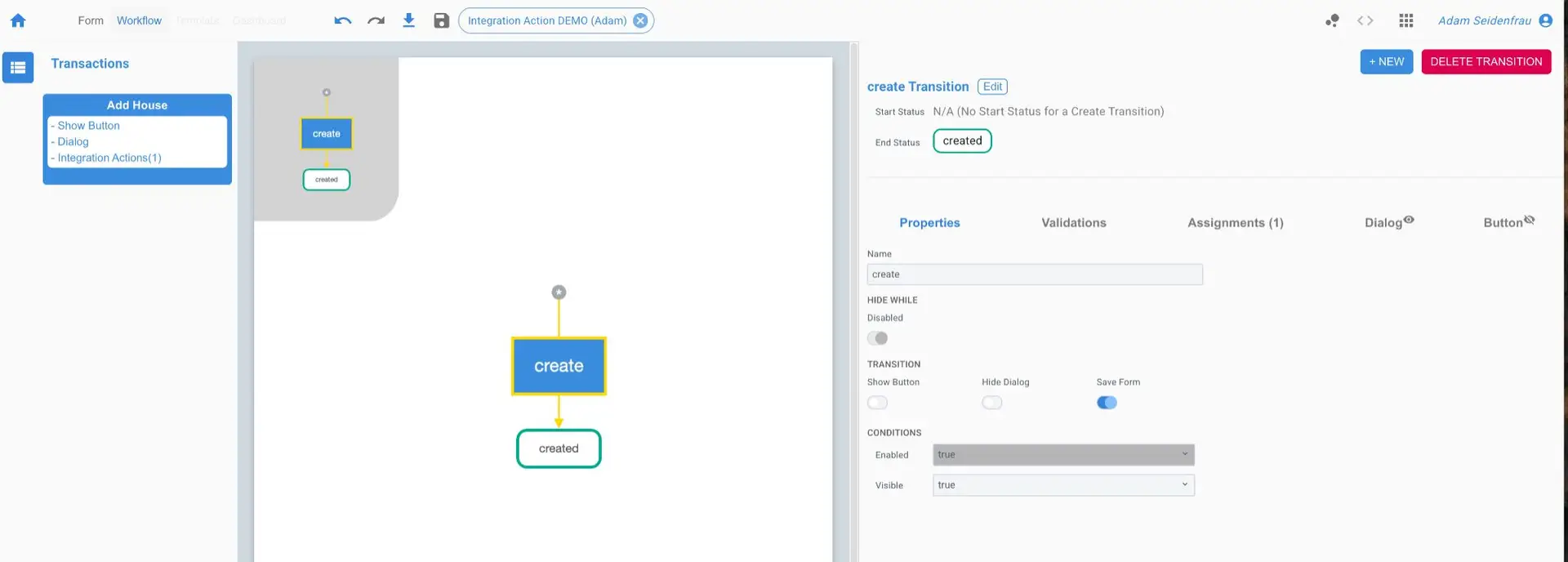 Mirata workflow interface showing create transition properties and flow diagram
