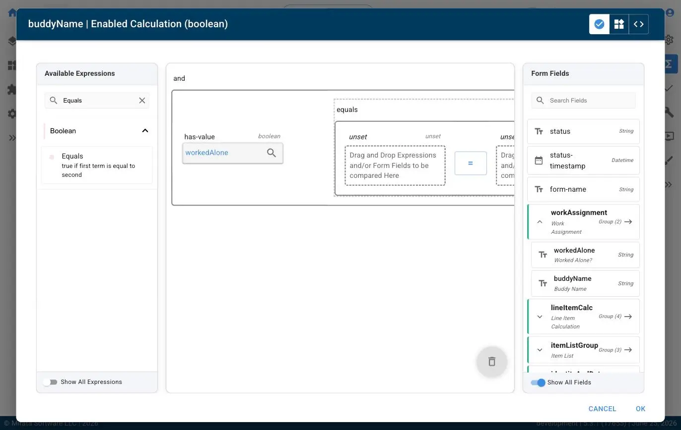 Mirata Forms feature screen showing Enabled Calculation configuration with Available Expressions and Form Fields panels.