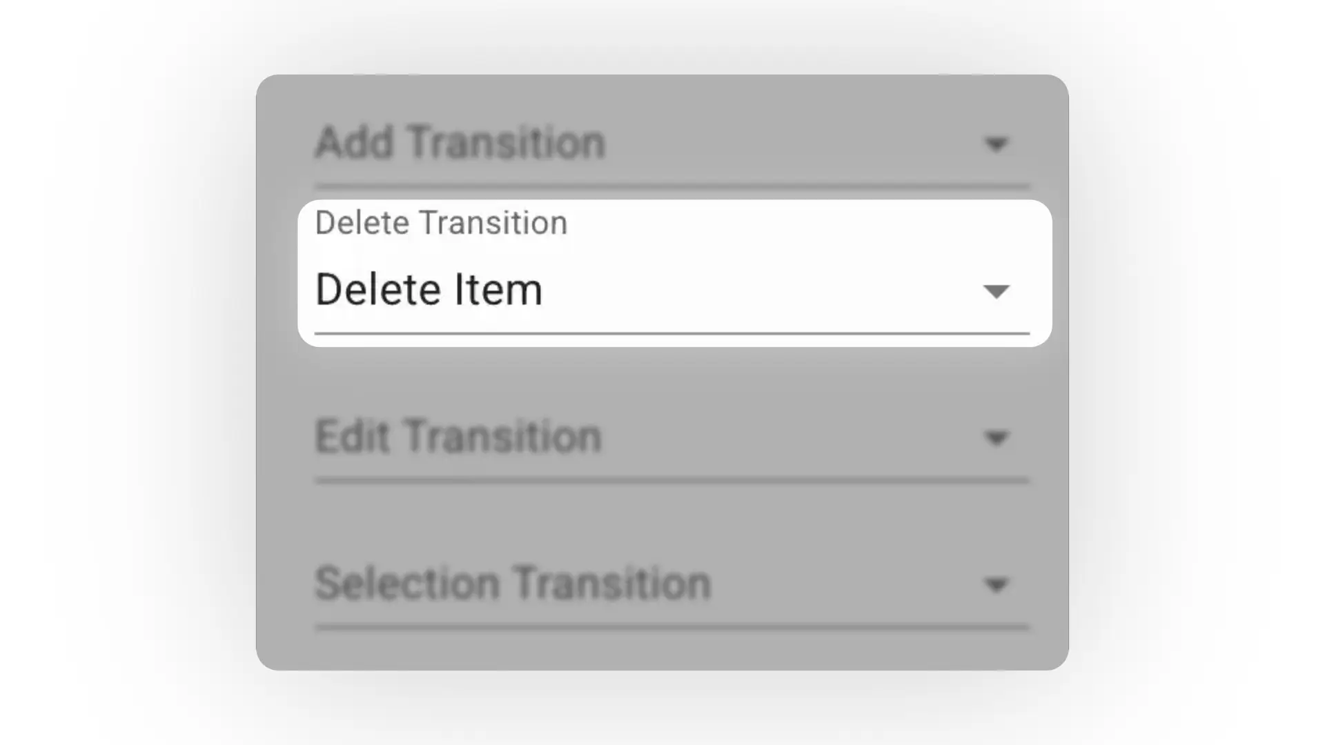 Mirata Forms Customized List Transitions interface showing Add, Delete, Edit, and Selection Transition options.