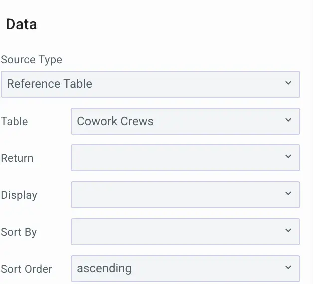 Mirata Forms Data Configuration with Source Type and Table Selection