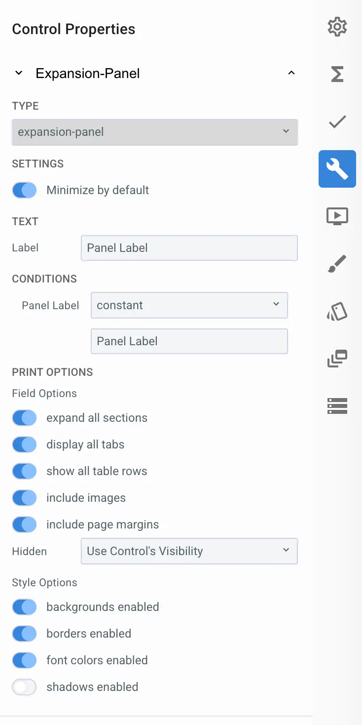 Mirata Control Properties panel for Expansion-Panel configuration