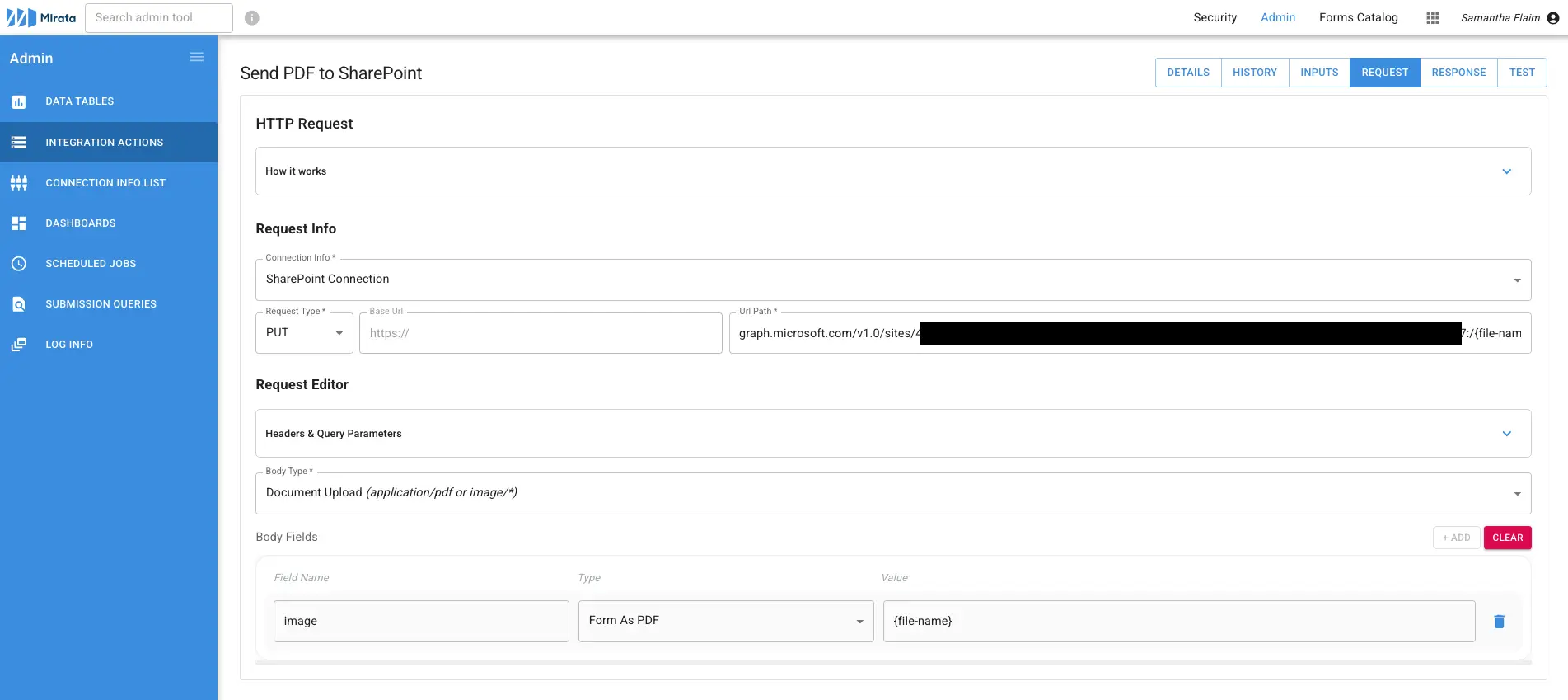 Mirata Admin Integration Actions Send PDF to SharePoint screen