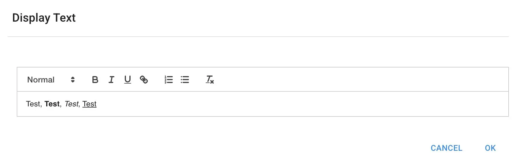 The screenshot shows a text editing interface where users can input and format text for display. It includes options for bold, italics, underline, and other text styling, allowing for rich text content creation within the Mirata platform.