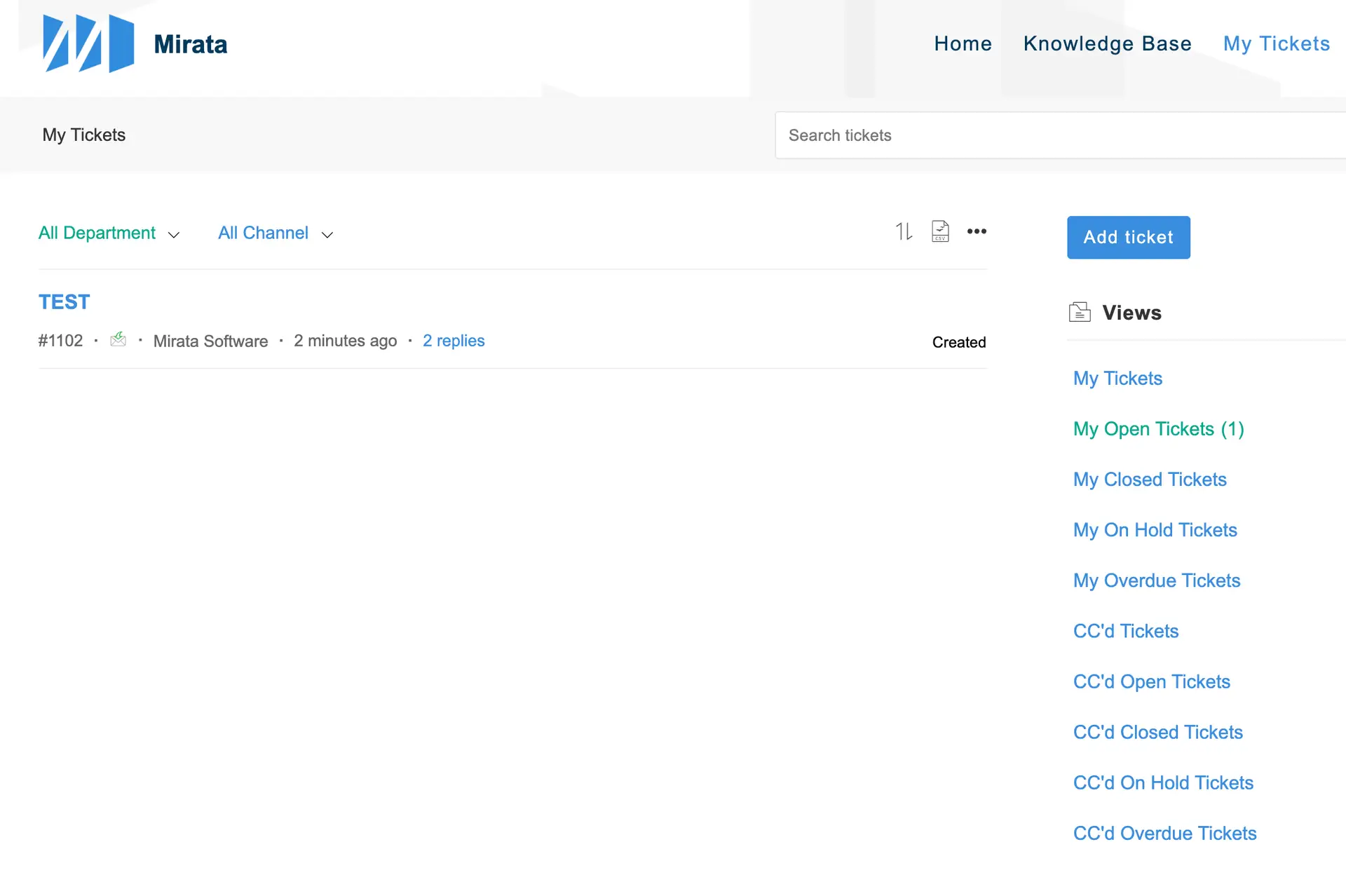 Mirata My Tickets page showing support ticket list and views options.