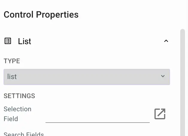 Mirata Control Properties panel for configuring a list control in forms.