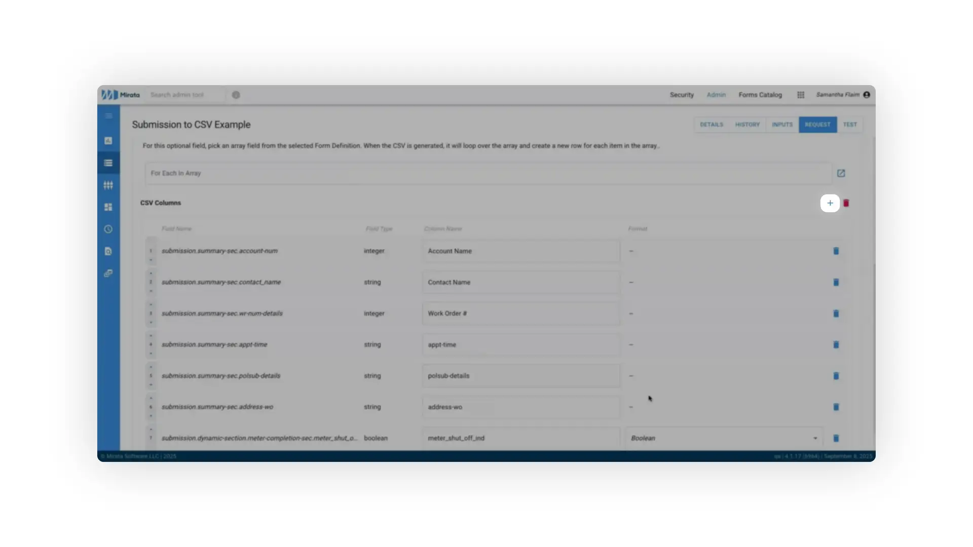 The screenshot shows the 'Submission to CSV Example' interface within the Mirata platform. It displays a table where users can define the CSV columns, including field names, types, and column names, for exporting data.
