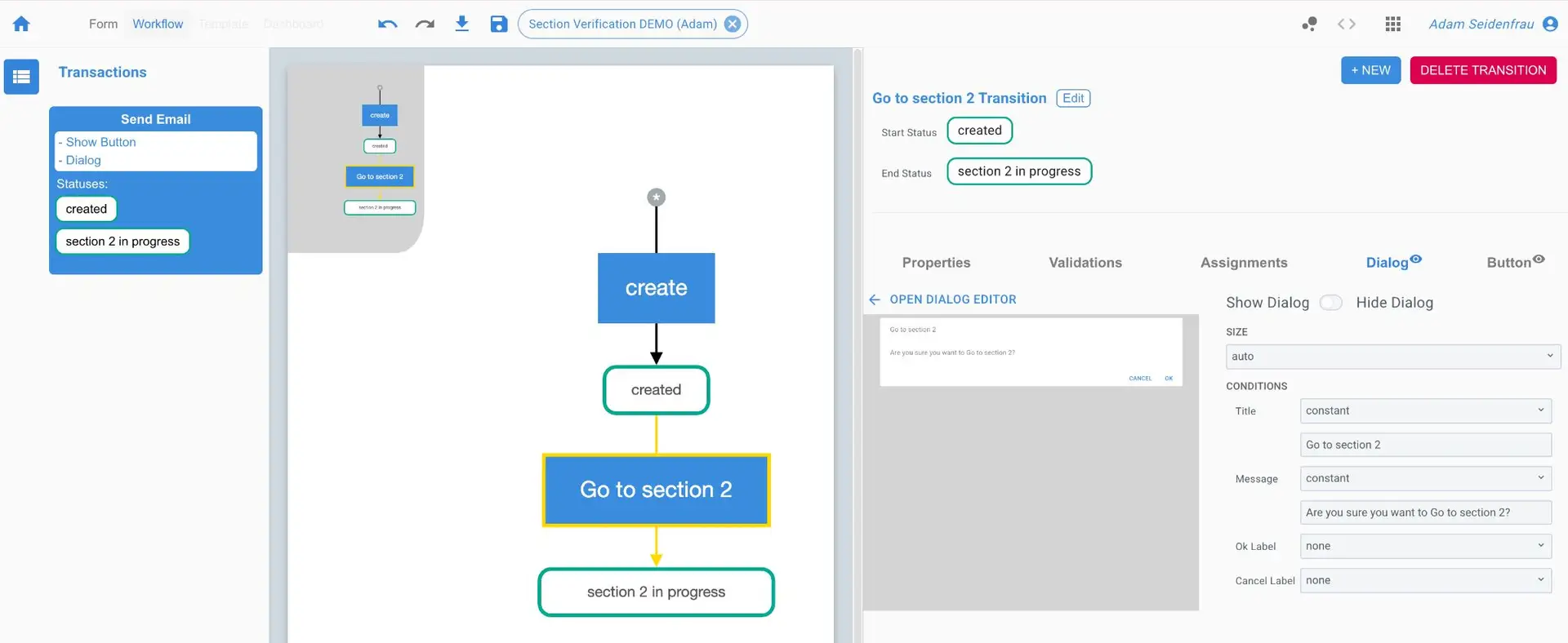 Mirata workflow creation interface showing dialog settings for a transition in a workflow.
